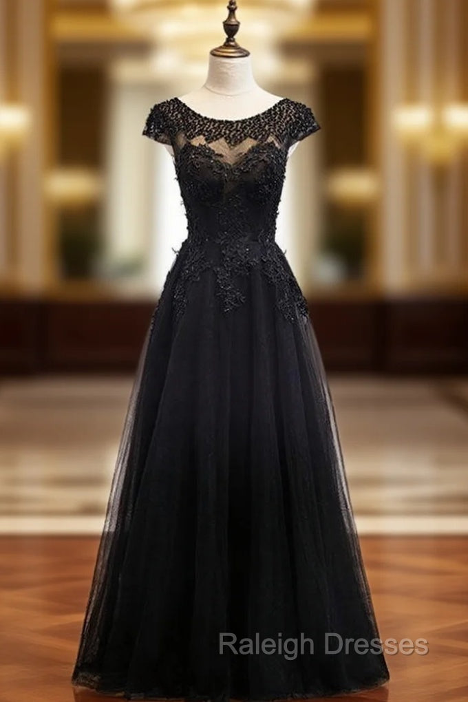 Black Tulle Cap Sleeve Appliques Beading Prom Dress Main image