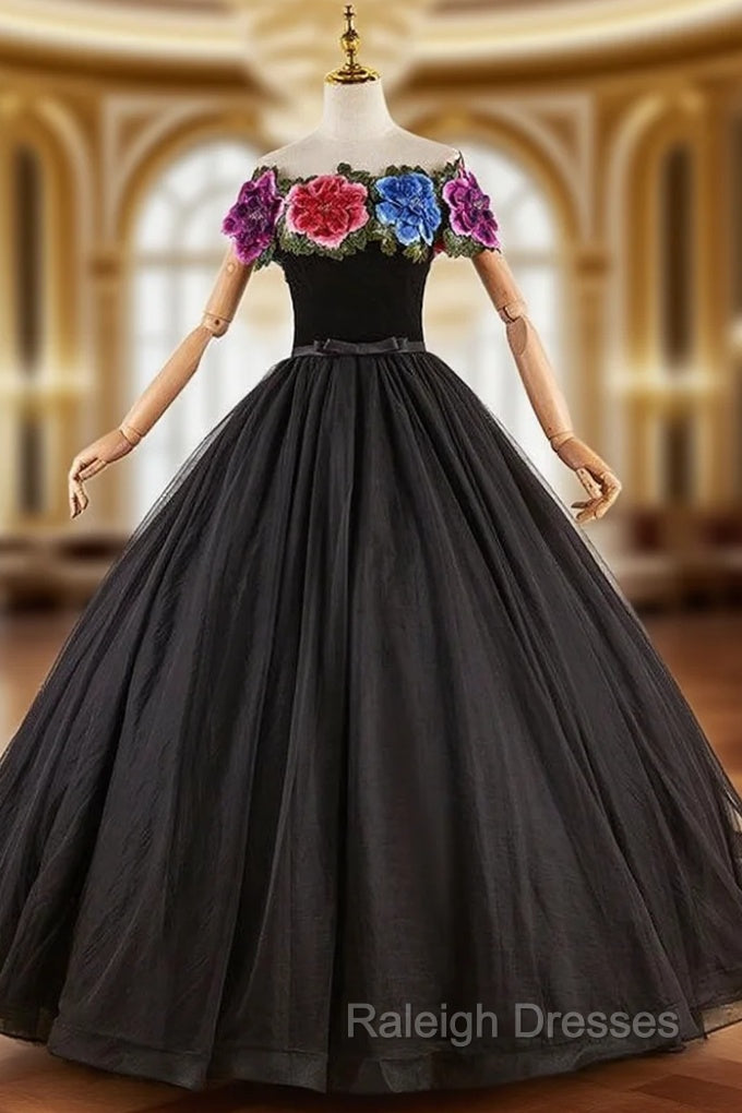 Black Tulle Embroidery Flower Quinceanera Dress