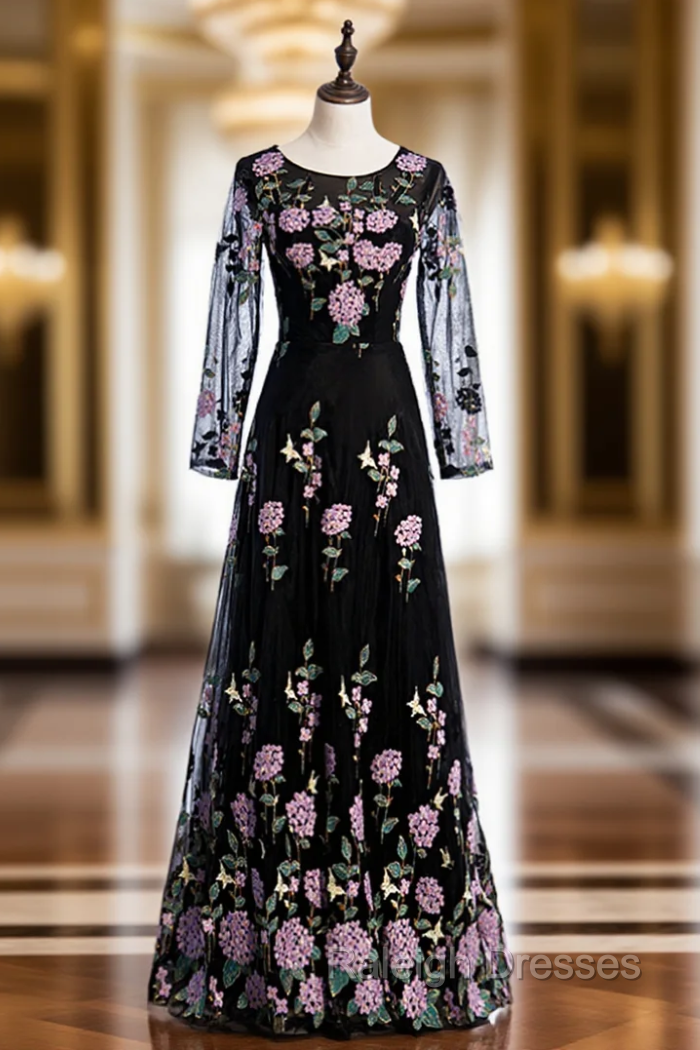 Black Tulle Embroidery Long Sleeve Scoop Prom Dress Main image