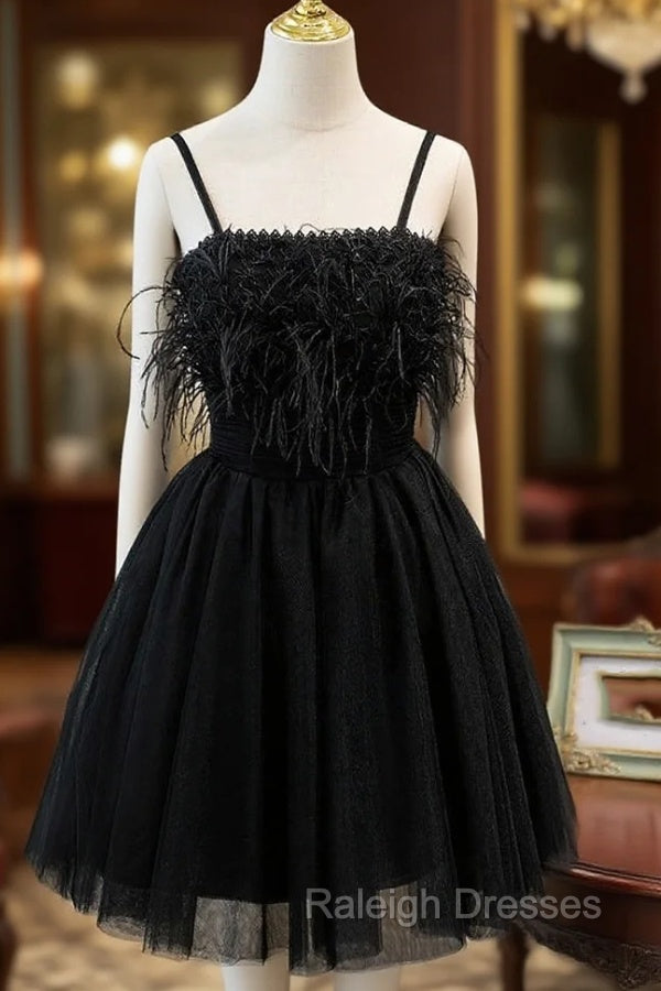 Black Tulle Feather Spaghetti Straps Homecoming Dress Main image