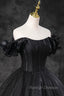 Black Tulle Floor Length A Line Prom Dress, Off the Shoulder Prom Prom Dress