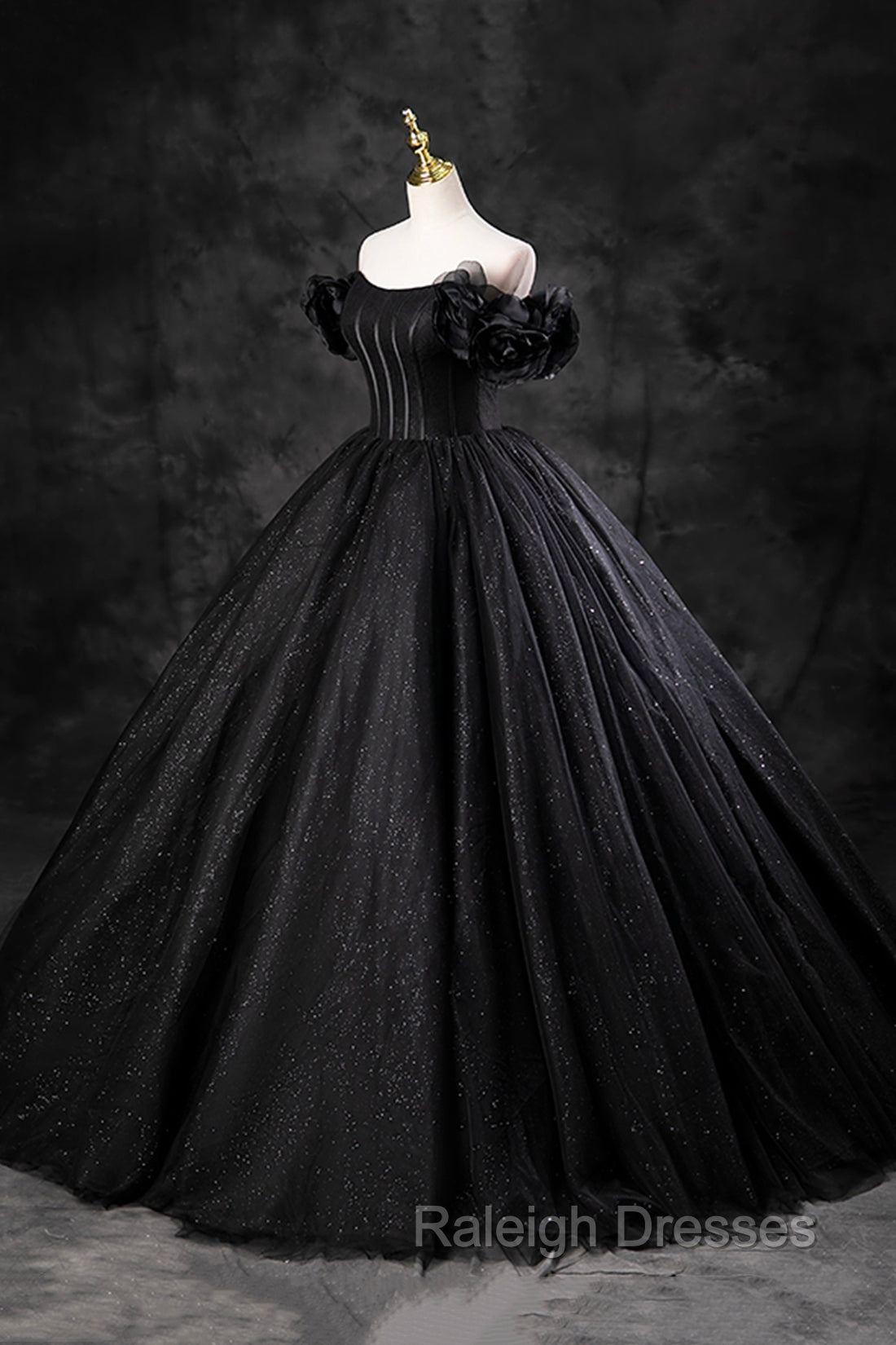 Black Tulle Floor Length A-Line Prom Dress, Off the Shoulder Evening Party Dress