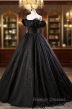 Black Tulle Floor Length A Line Prom Dress, Off the Shoulder Prom Prom Dress