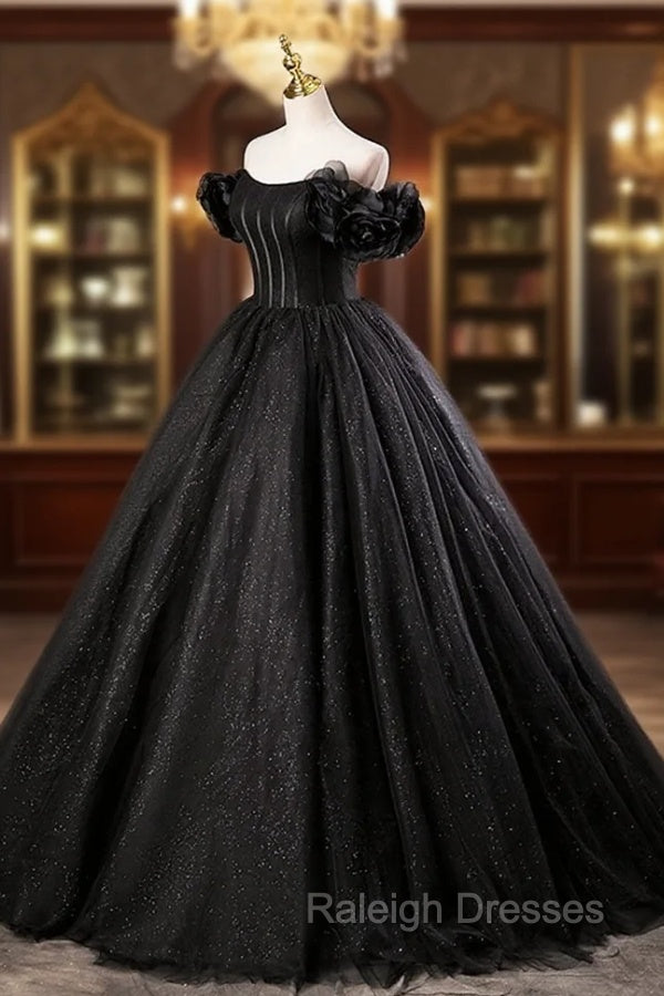Black Tulle Floor Length A Line Prom Dress, Off the Shoulder Prom Prom Dress
