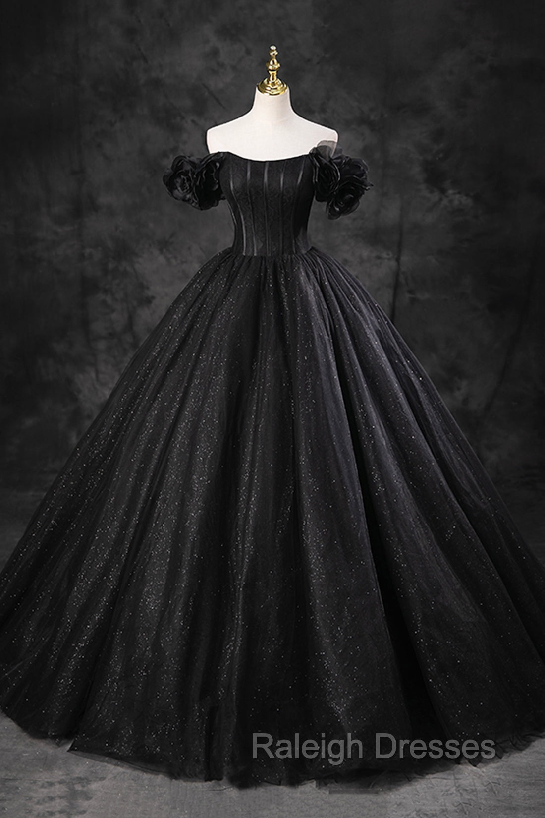 Black Tulle Floor Length A Line Prom Dress, Off the Shoulder Prom Prom Dress Main image