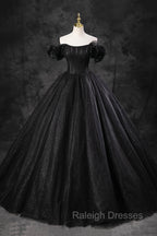 Black Tulle Floor Length A Line Prom Dress, Off the Shoulder Prom Prom Dress