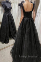 Black Tulle Floor Length Long Party Dress with Slit, Black Evening Dresses