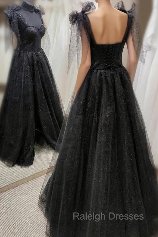Black Tulle Floor Length Long Party Dress with Slit, Black Evening Dresses