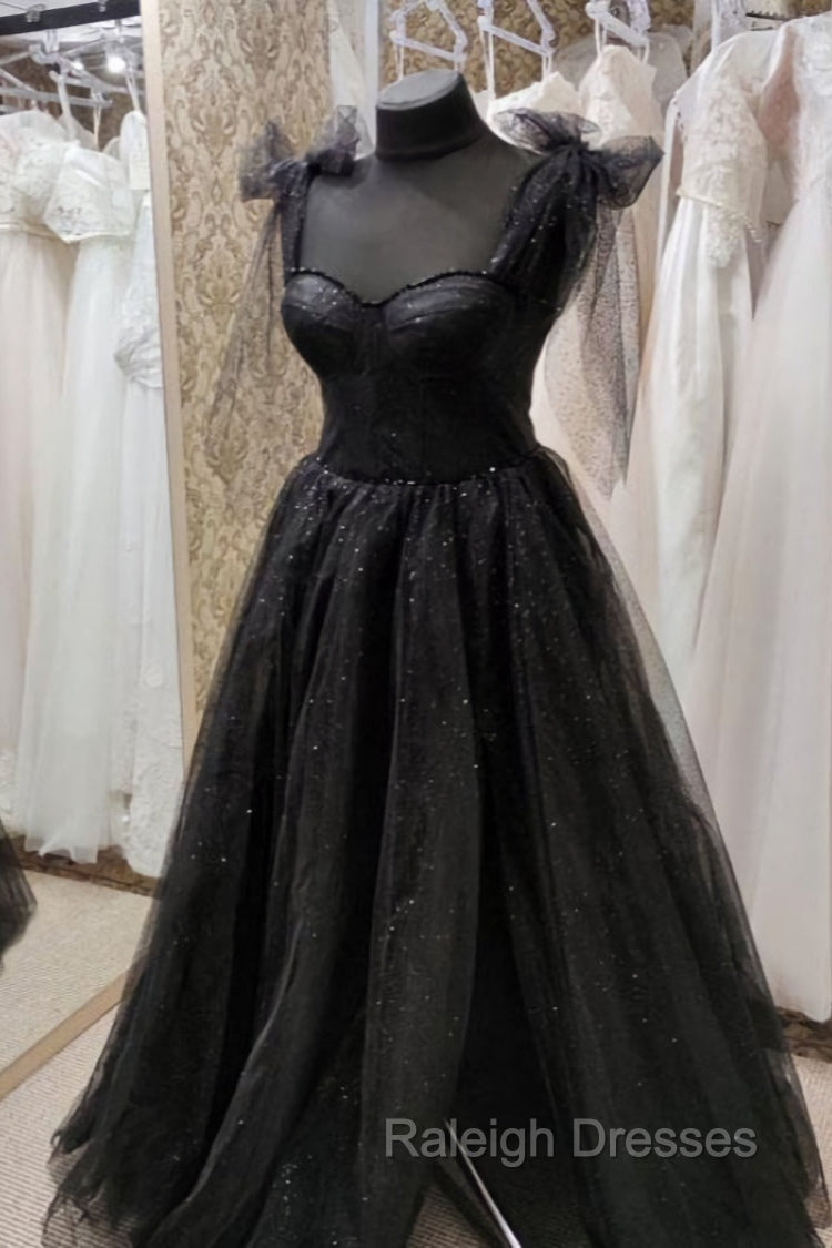 Black Tulle Floor Length Long Party Dress with Slit, Black Evening Dresses Main image