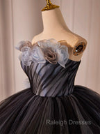 Black Tulle Flower Long Prom Gowns, Black Sweet 16 Dress