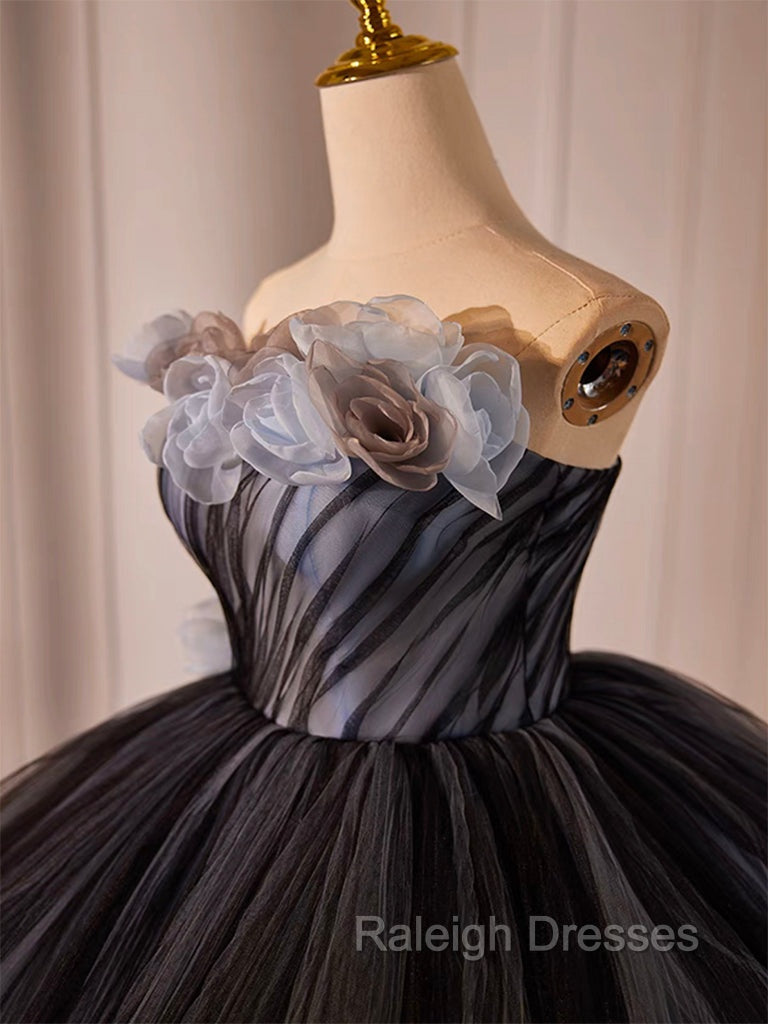 Black Tulle Flower Long Prom Gowns, Black Sweet 16 Dress