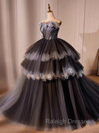 Black Tulle Flower Long Prom Gowns, Black Sweet 16 Dress