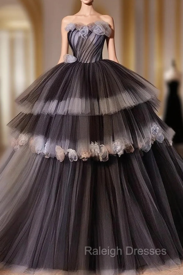 Black Tulle Flower Long Prom Gown, Black Sweet 16 Dress Main image