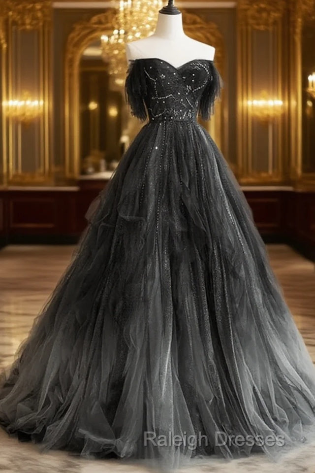 Black Tulle Gradient Long Party Dress With Beadings, Black Evening Dress Prom Dress Main image