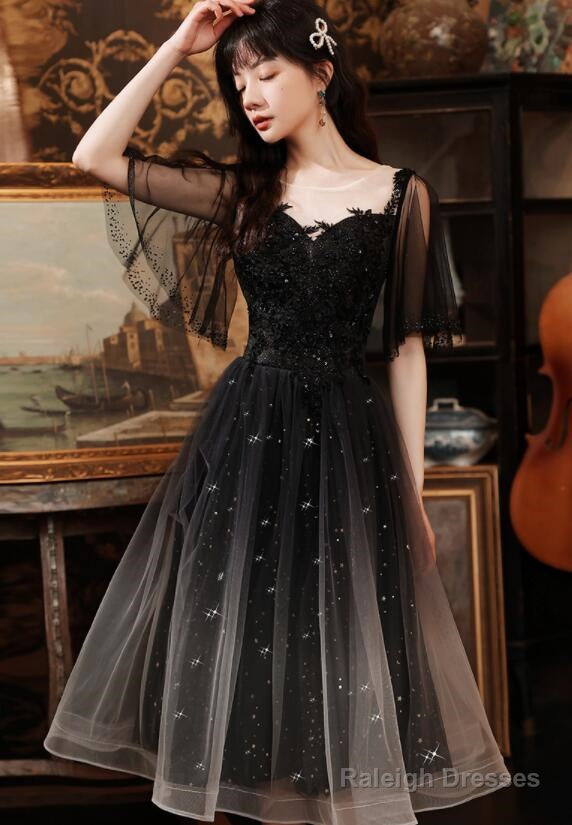Black Tulle Gradient Short Sleeves Party Dress With Lace, Short Prom Dresses Secondary image