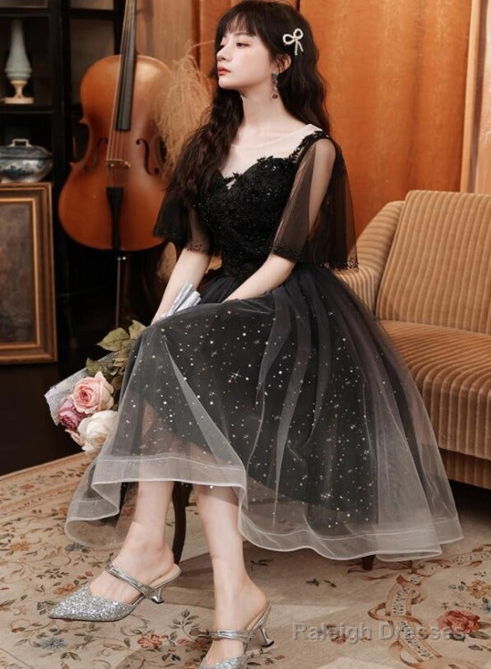 Black Tulle Gradient Short Sleeves Party Dress With Lace, Short Prom Dresses Main image