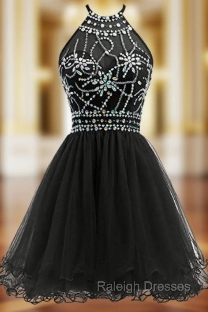 Black Tulle Halter Backless With Crystal Homecoming Dress Main image