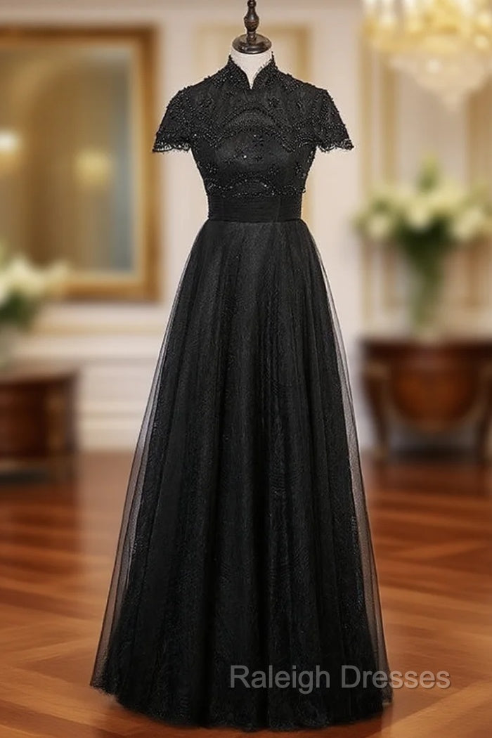 Black Tulle High Neck Cap Sleeve Beading Prom Dress Main image
