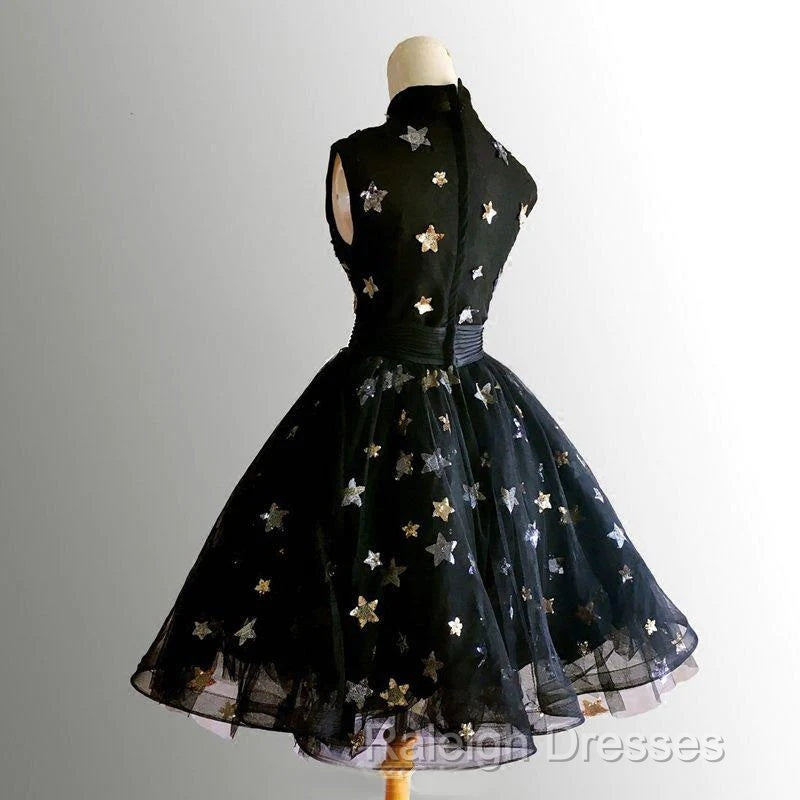 Black Tulle High Neckline Short Homecoming Dresses Black Short Prom Dresses
