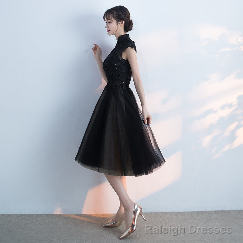 Black Tulle Homecoming Dress With High Neckline, Black Short Party Dress Prom Dress