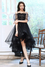 Black Tulle Lace High-Low Party Dress, Cute Short Sleeve Homecoming Dress