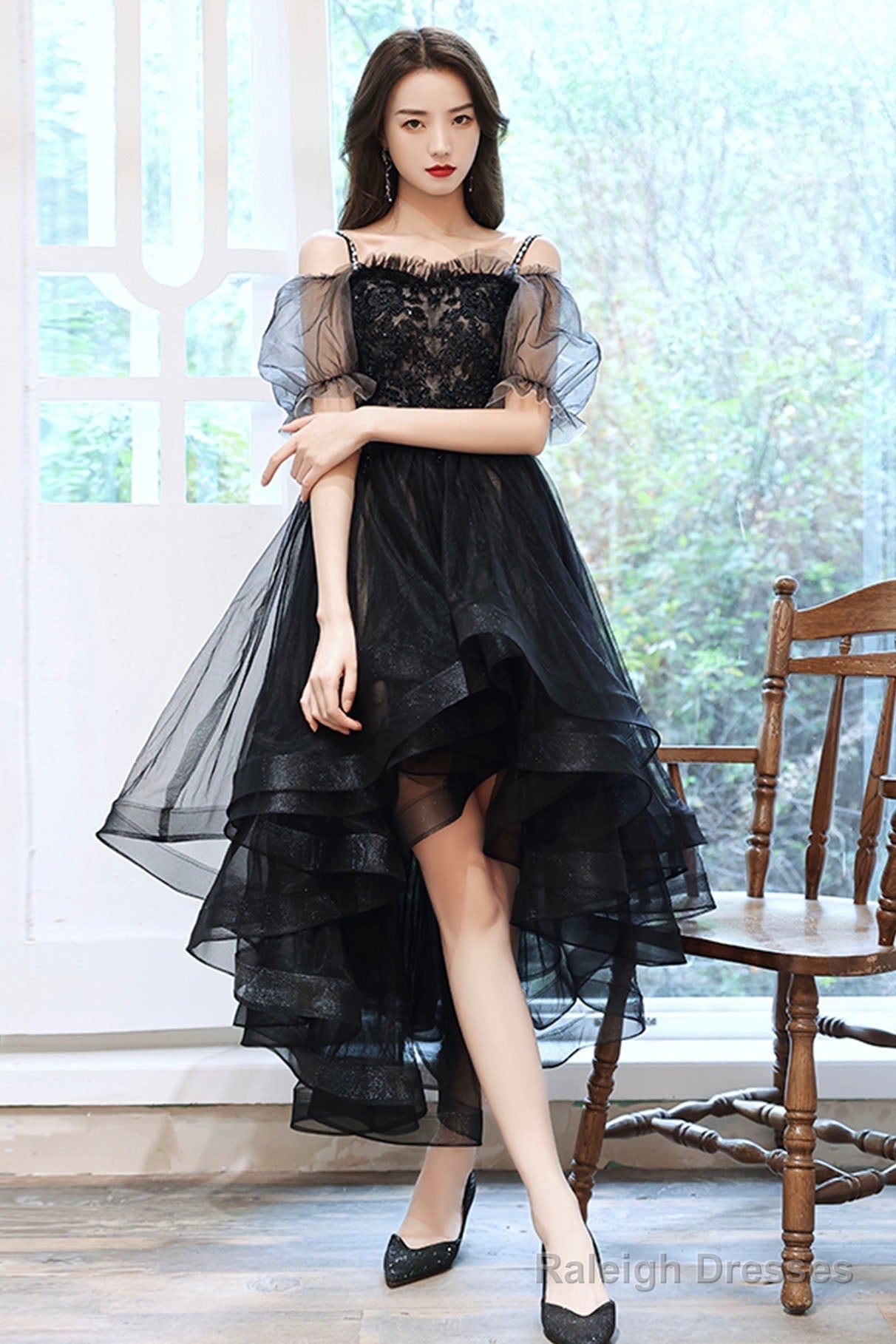Black Tulle Lace High-Low Party Dress, Cute Short Sleeve Homecoming Dress