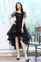 Black Tulle Lace High-Low Party Dress, Cute Short Sleeve Homecoming Dress