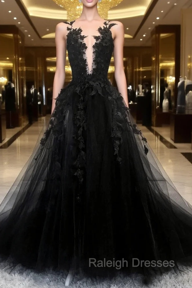 Black Tulle Lace Long A-Line Prom Dress, Black V-Neck Evening Dress Main image