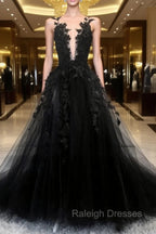 Black Tulle Lace Long A-Line Prom Dress, Black V-Neck Evening Dress