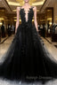 Black Tulle Lace Long A-Line Prom Dress, Black V-Neck Evening Dress