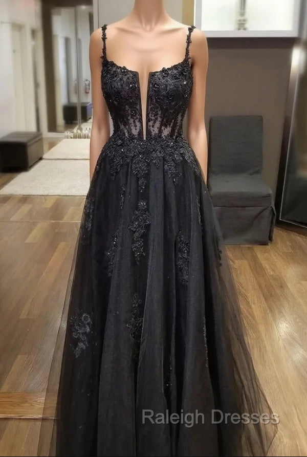 Black Tulle Lace Long Prom Dress, A-Line Spaghetti Straps Evening Dress Main image