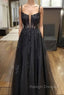 Black Tulle Lace Long Prom Dress, A Line Spaghetti Straps Prom Dress
