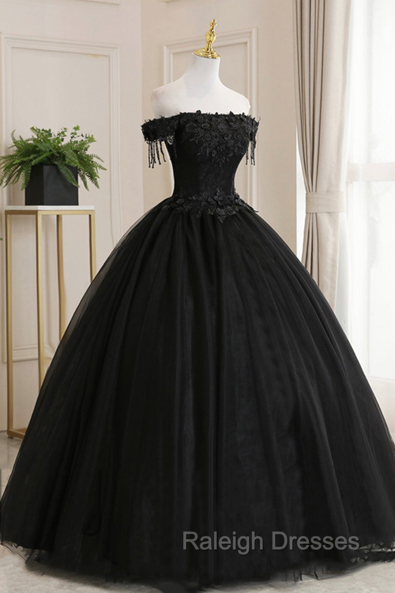 Black Tulle Lace Long Prom Dress, Black A Line Prom Gowns