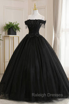 Black Tulle Lace Long Prom Dress, Black A Line Prom Gowns