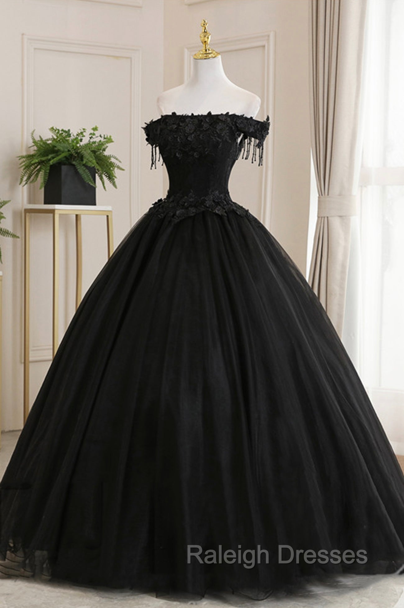 Black Tulle Lace Long Prom Dress, Black A Line Prom Gowns