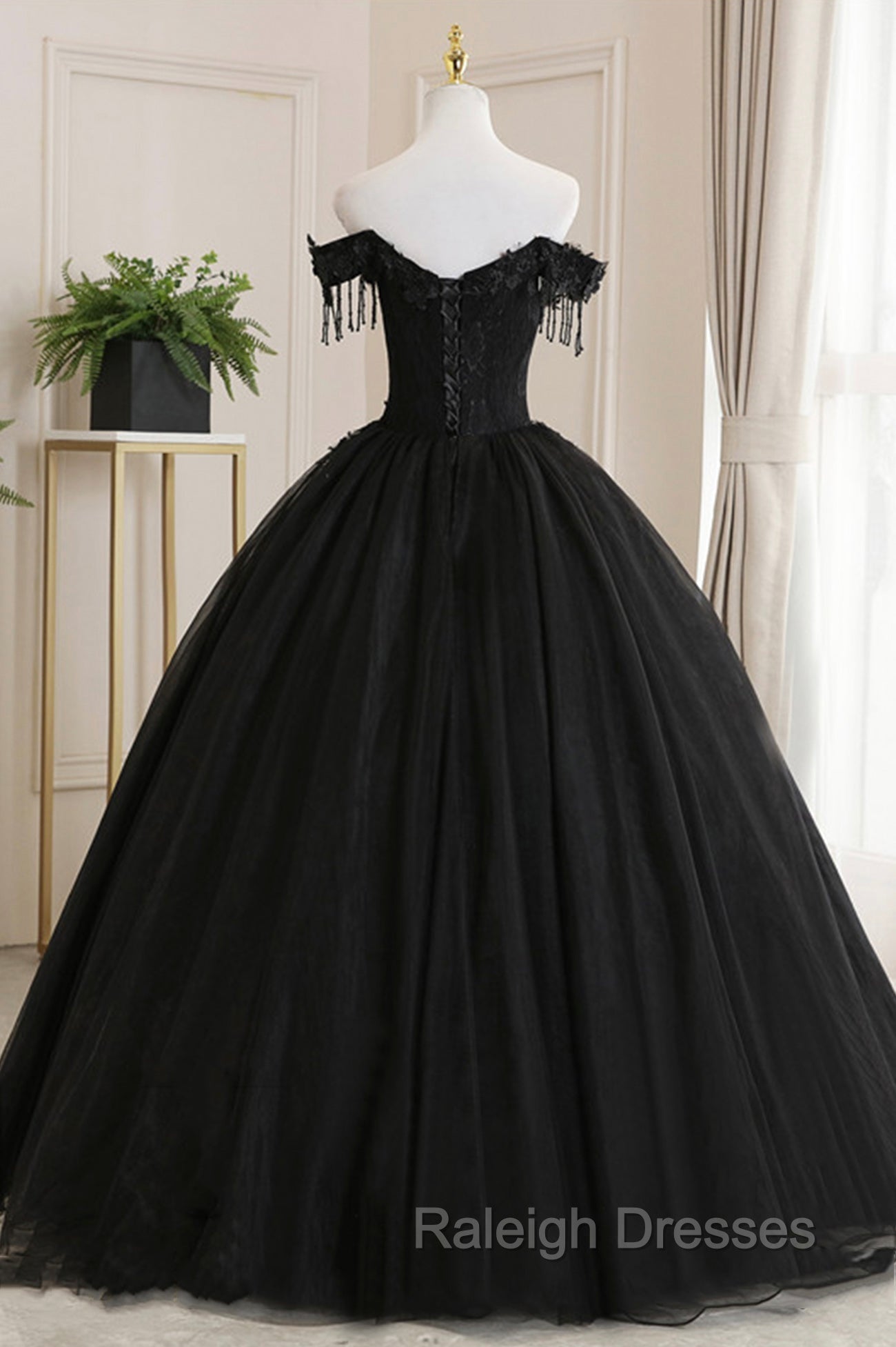 Black Tulle Lace Long Prom Dress, Black A Line Prom Gowns