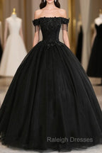 Black Tulle Lace Long Prom Dress, Black A Line Prom Gowns