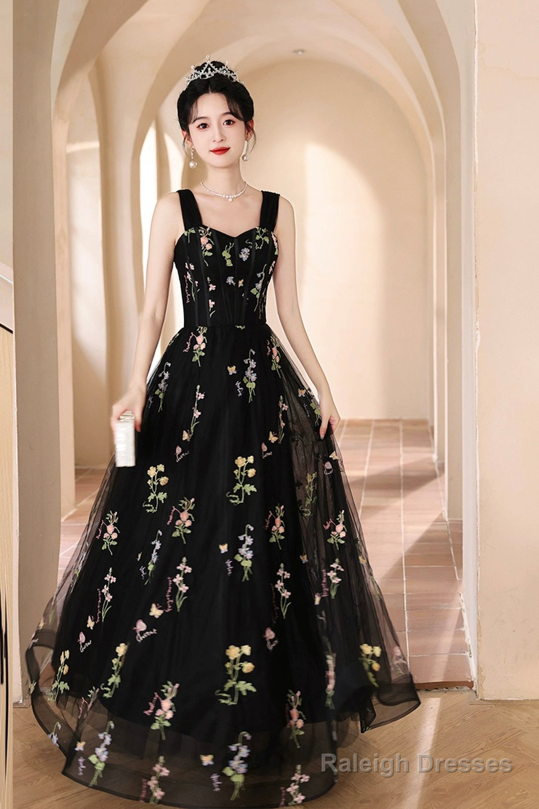 Black Tulle Lace Long Prom Dress, Black A-Line Off The Shoulder Evening Party Dress