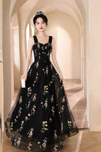 Black Tulle Lace Long Prom Dresses Black A-Line Off The Shoulder Prom Dresses