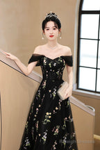 Black Tulle Lace Long Prom Dresses Black A-Line Off The Shoulder Prom Dresses