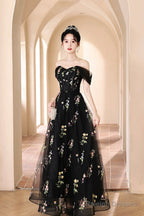 Black Tulle Lace Long Prom Dresses Black A-Line Off The Shoulder Prom Dresses