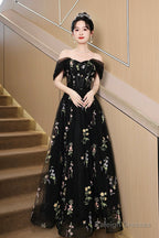 Black Tulle Lace Long Prom Dresses Black A-Line Off The Shoulder Prom Dresses