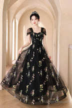 Black Tulle Lace Long Prom Dress, Black A-Line Off The Shoulder Evening Party Dress