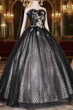 Black Tulle Lace Long Prom Dress, Black A Line Strapless Prom Gowns
