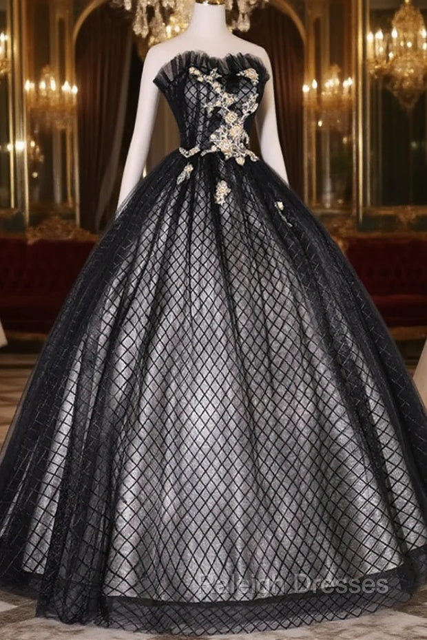 Black Tulle Lace Long Prom Dress, Black A Line Strapless Prom Gowns