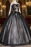 Black Tulle Lace Long Prom Dress, Black A Line Strapless Prom Gowns