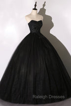 Black Tulle Lace Long Prom Dress, Black Scoop Neckline Prom Prom Dress