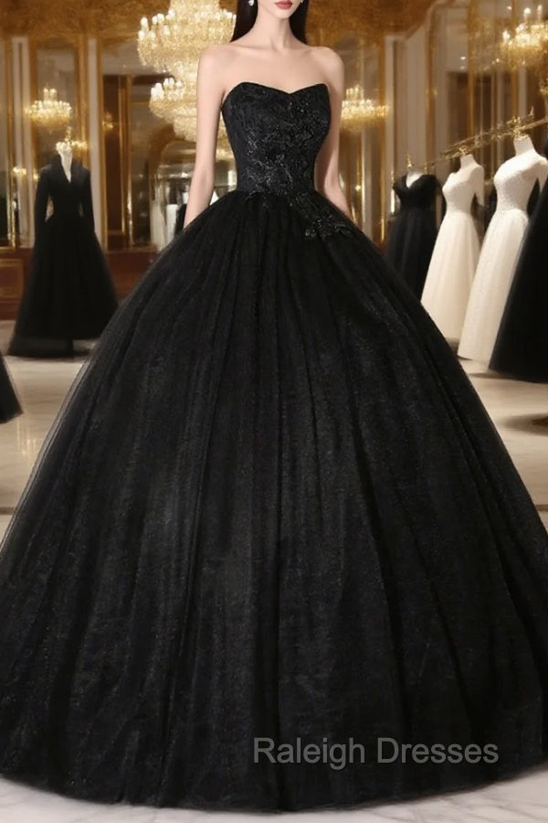 Black Tulle Lace Long Prom Dress, Black Scoop Neckline Prom Prom Dress
