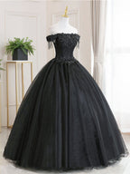 Black Tulle Lace Long Formal Prom Dress, Black Tulle Lace Prom Dress