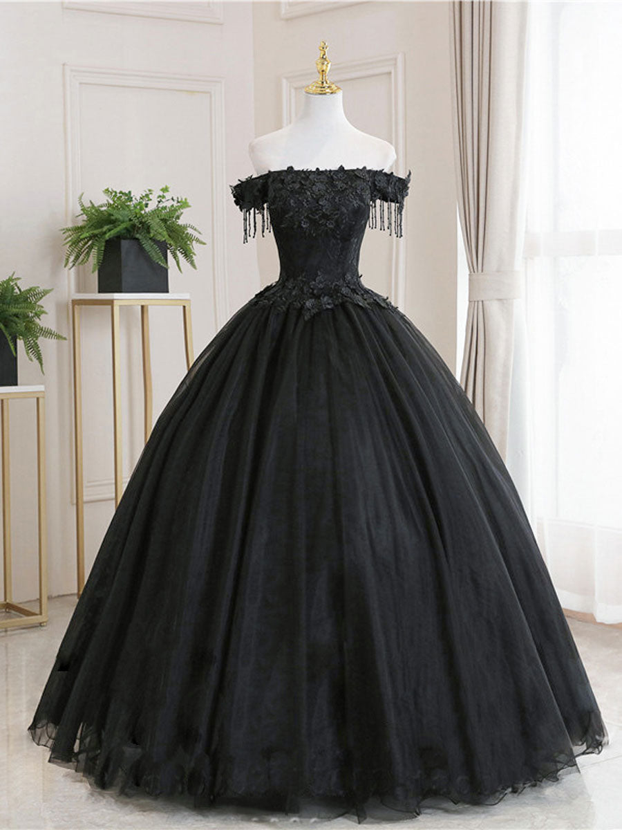 Black Tulle Lace Long Formal Prom Dress, Black Tulle Lace Prom Dress Main image